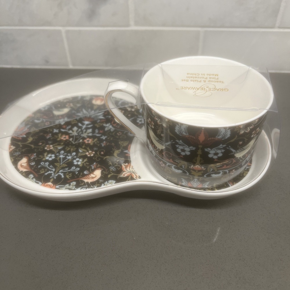 NEW-2 Grace Teaware Fine Porcelain Teacup & Snack Plate Set Floral Bird